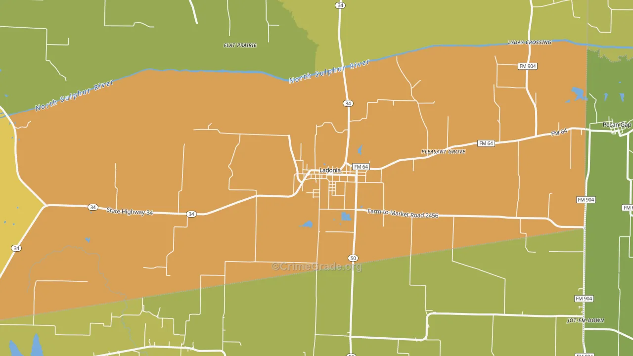 Ladonia, TX Map of Burglary Rates