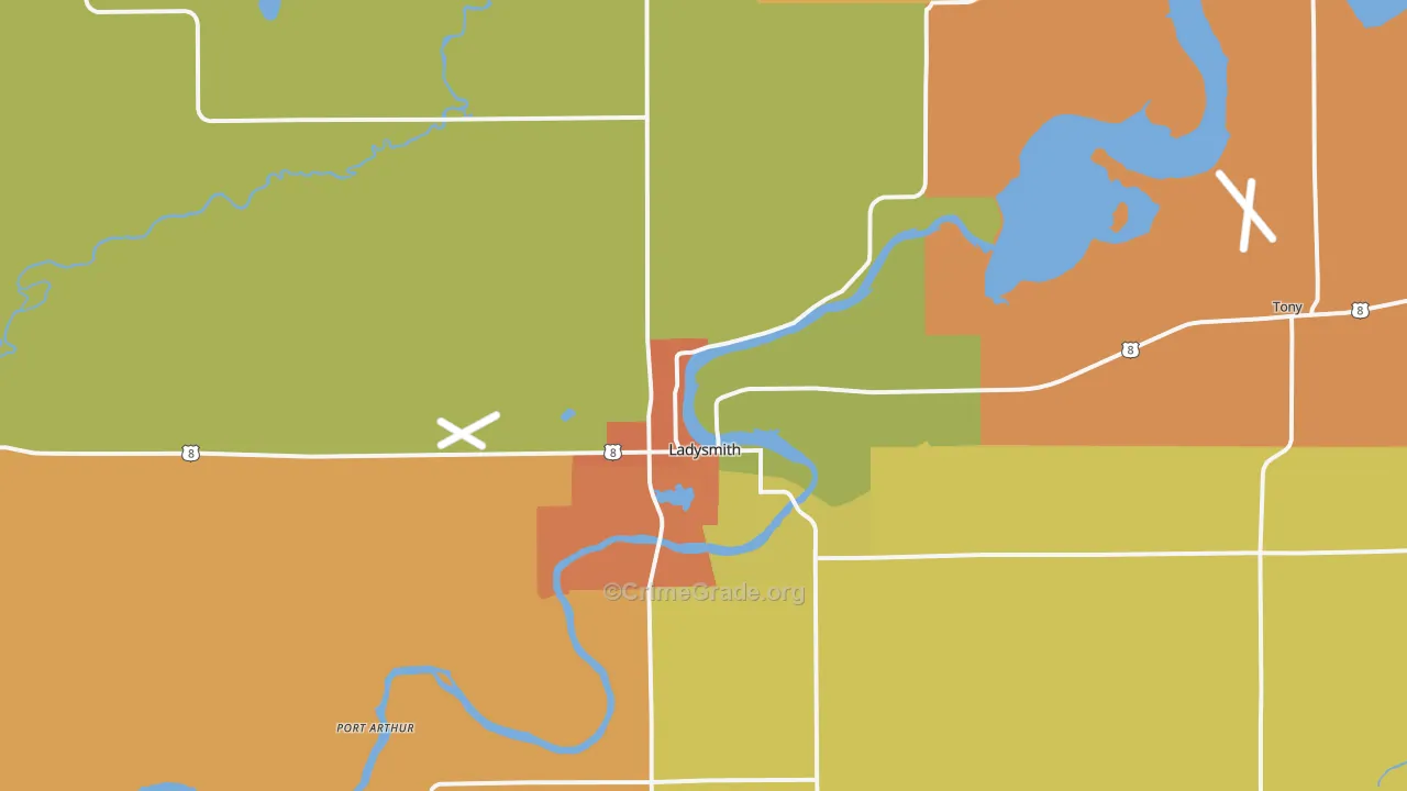Ladysmith, WI Map of Burglary Rates