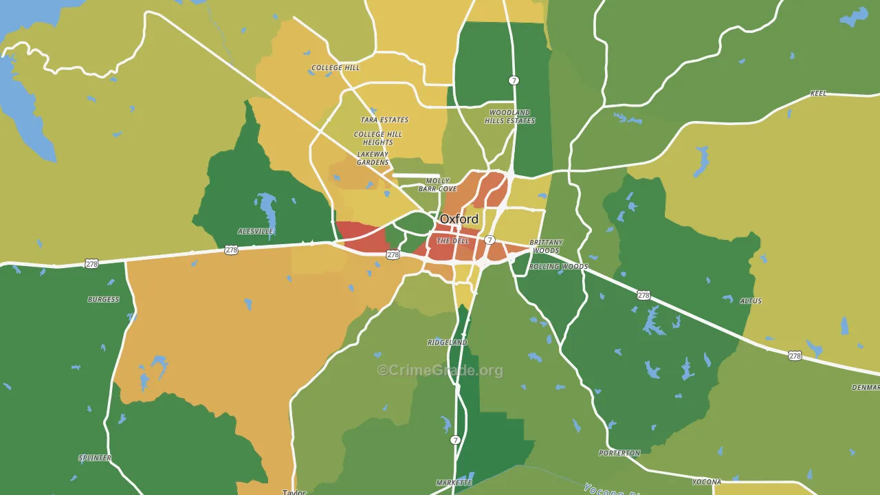 Lafayette County, MS Map of Burglary Rates