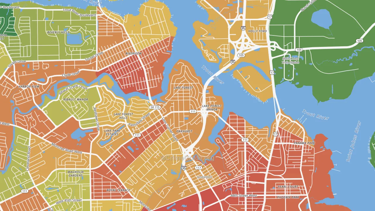 Lake Forest, Jacksonville, FL Map of Burglary Rates