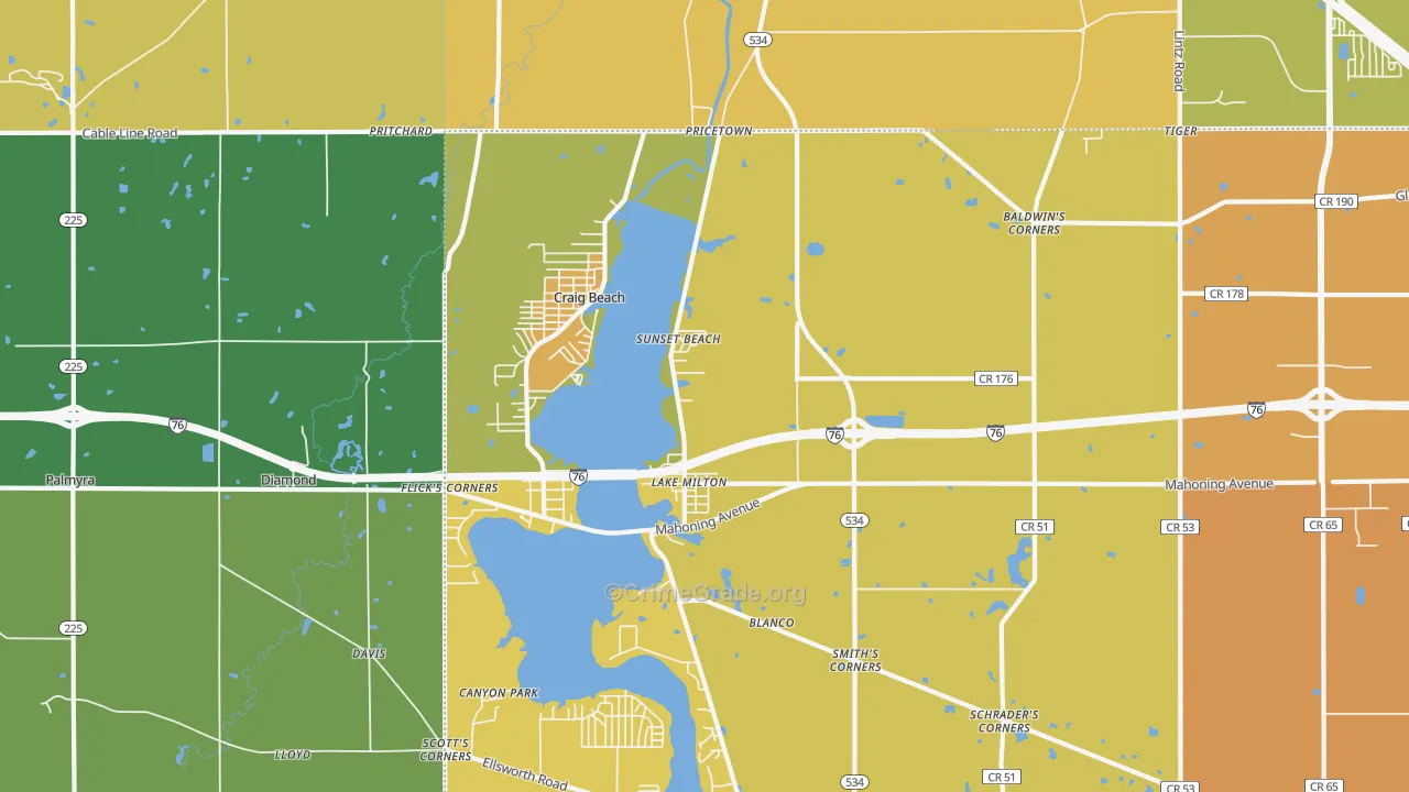 Lake Milton, OH Map of Burglary Rates