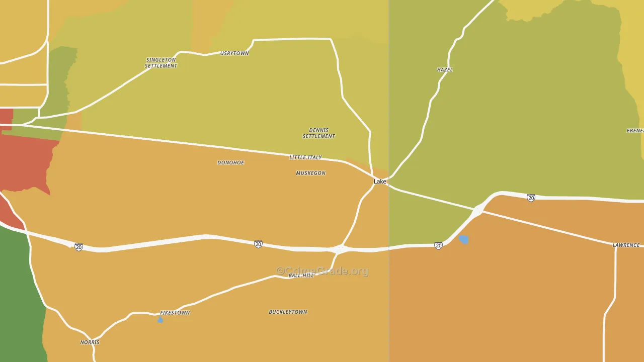 Lake, MS Map of Burglary Rates