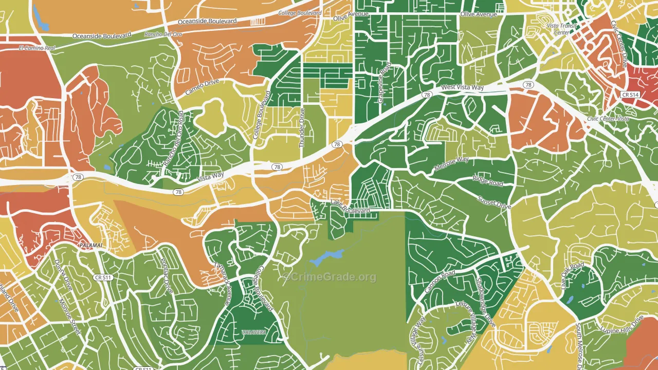 Lake, Oceanside, CA Map of Burglary Rates