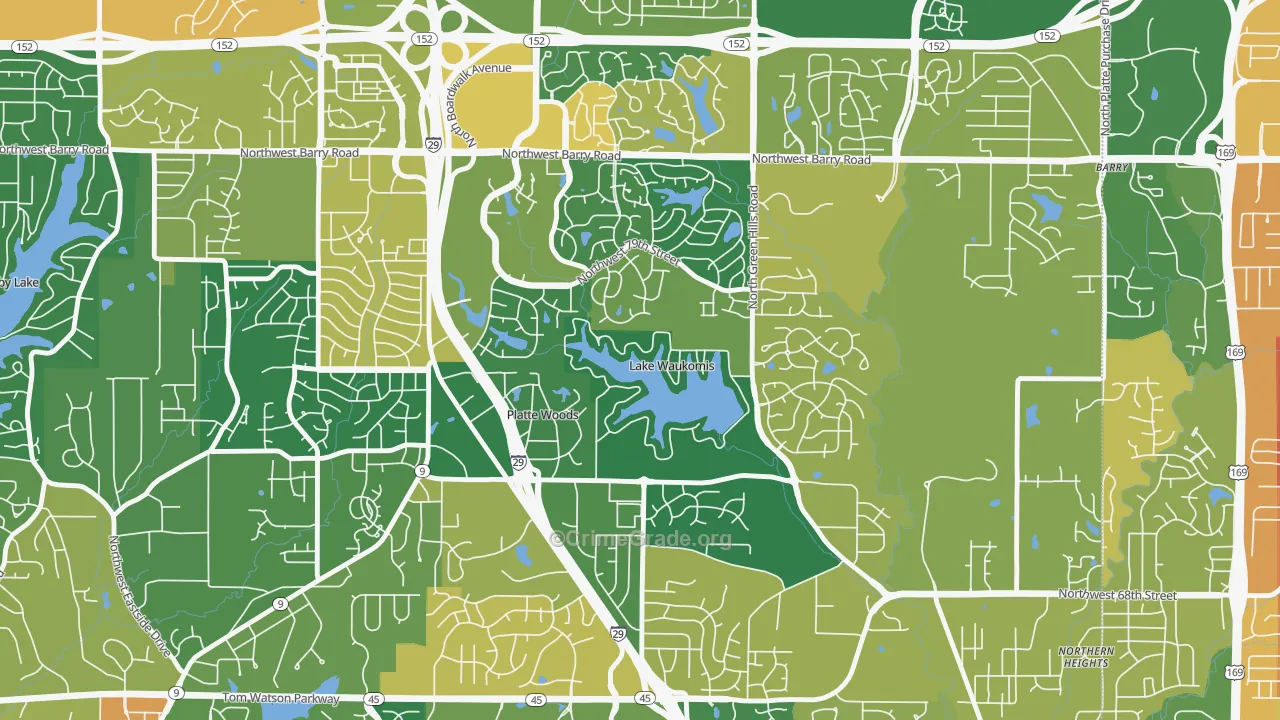 Lake Waukomis, MO Map of Burglary Rates