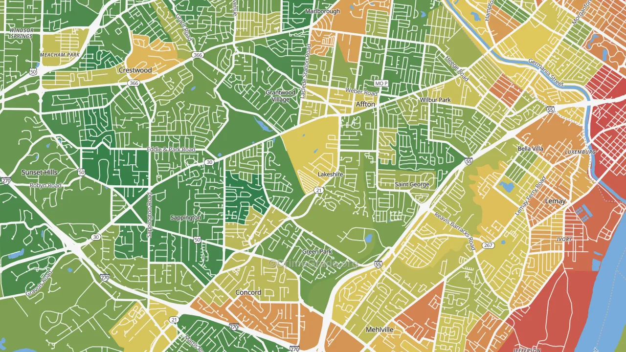 Lakeshire, MO Map of Burglary Rates