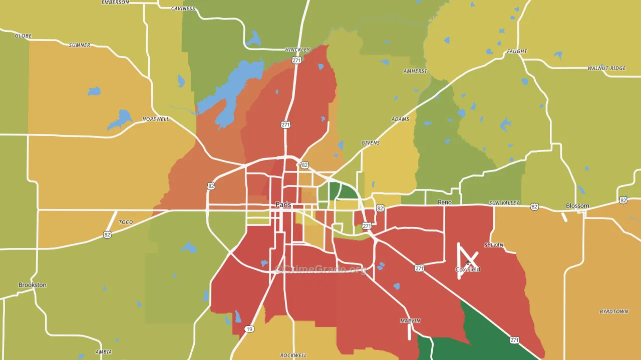 Lamar County, TX Map of Burglary Rates