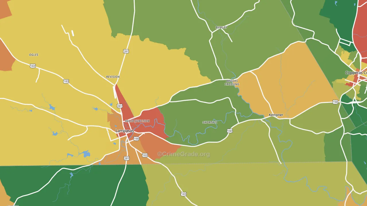 Lampasas County, TX Map of Burglary Rates