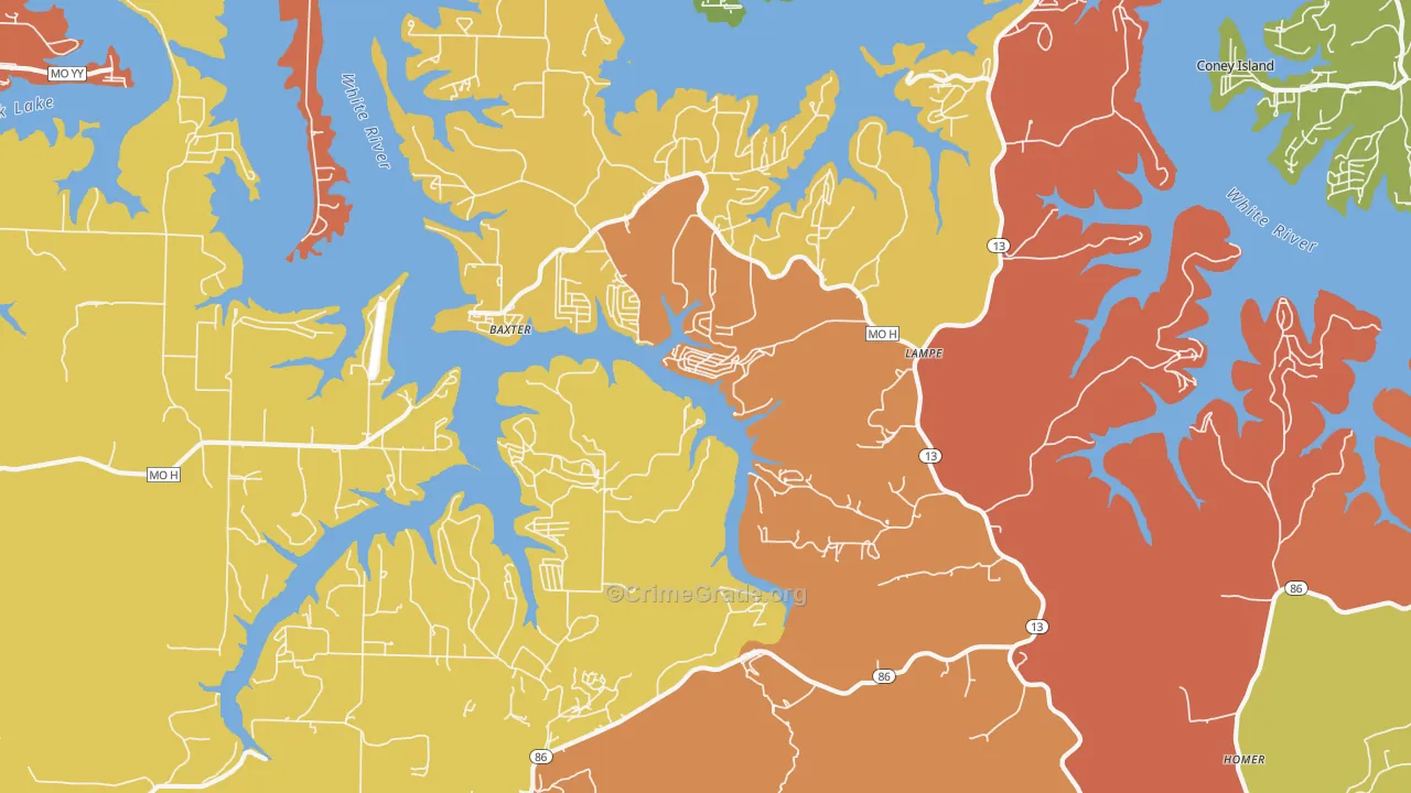 Lampe, MO Map of Burglary Rates