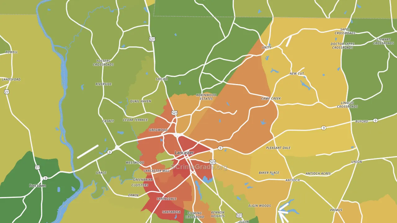 Lancaster, SC Map of Burglary Rates