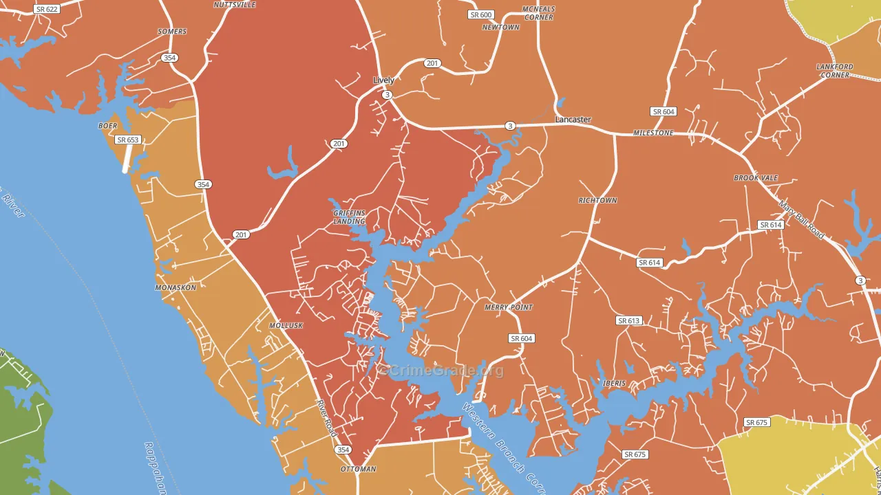 Lancaster, VA Map of Burglary Rates