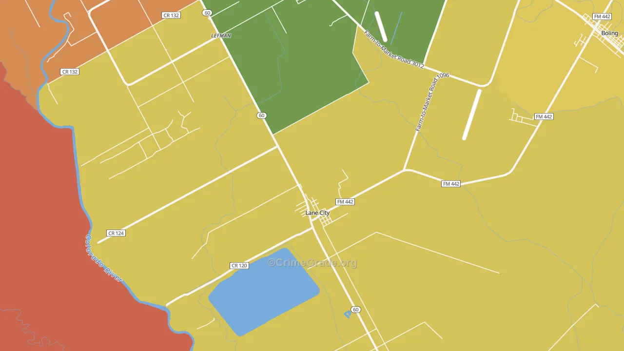 Lane City, TX Map of Burglary Rates