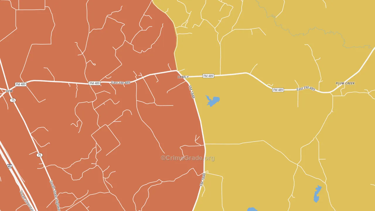 Lanely, TX Map of Burglary Rates
