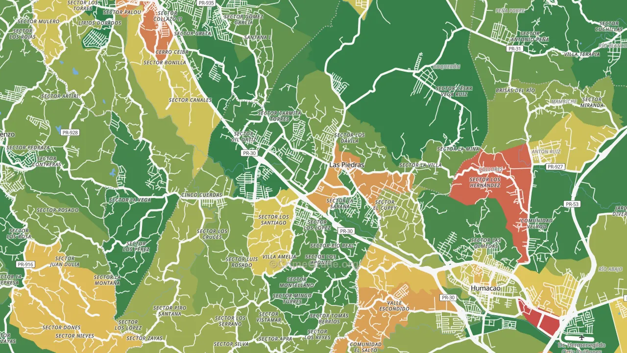 Las Piedras Municipio, PR Map of Burglary Rates