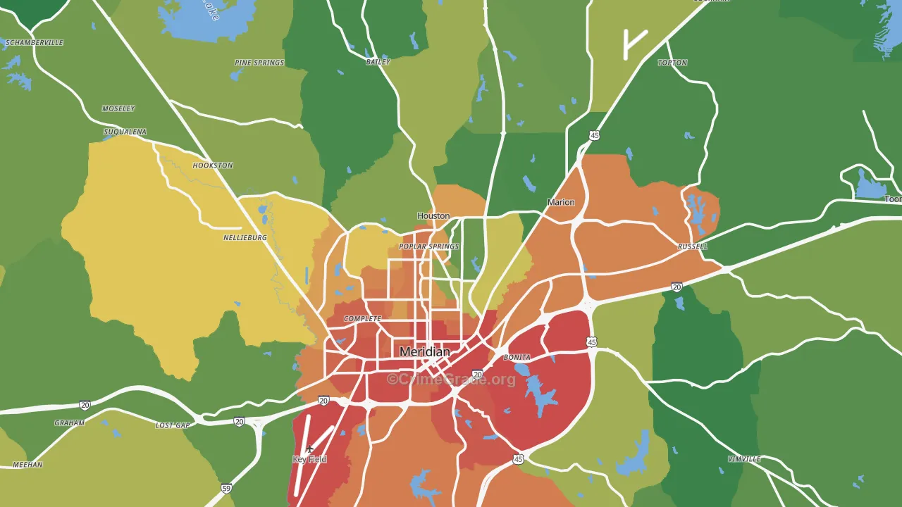 Lauderdale County, MS Map of Burglary Rates
