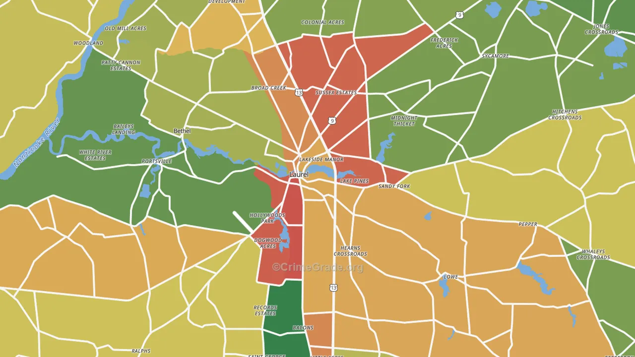 Laurel, DE Map of Burglary Rates