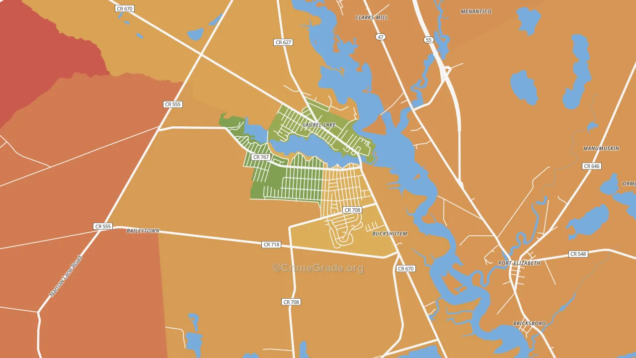 Laurel Lake, NJ Map of Burglary Rates