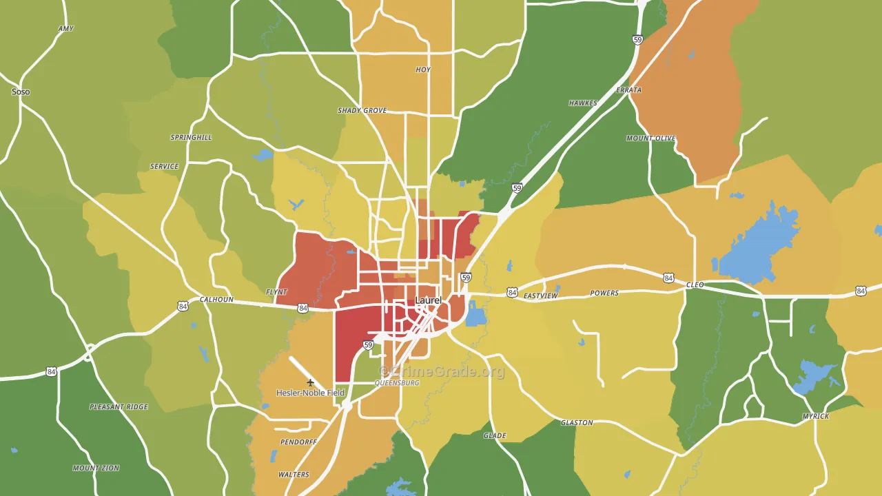 Laurel, MS Map of Burglary Rates
