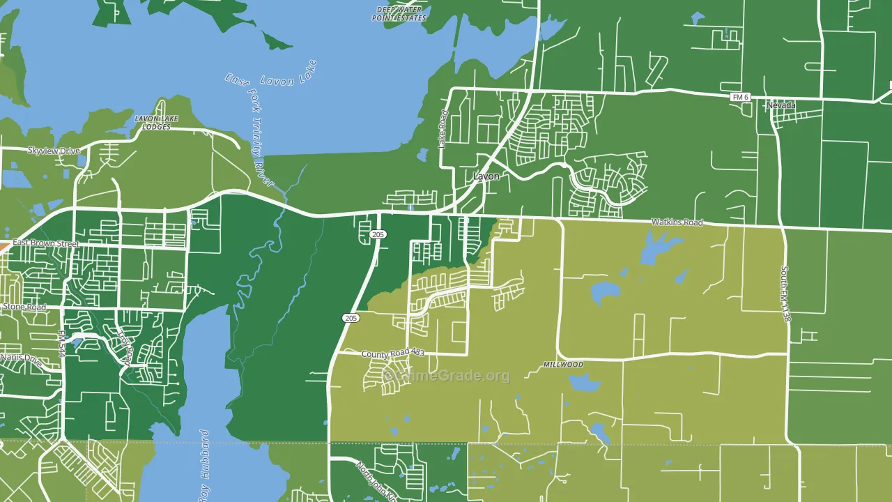 Lavon, TX Map of Burglary Rates