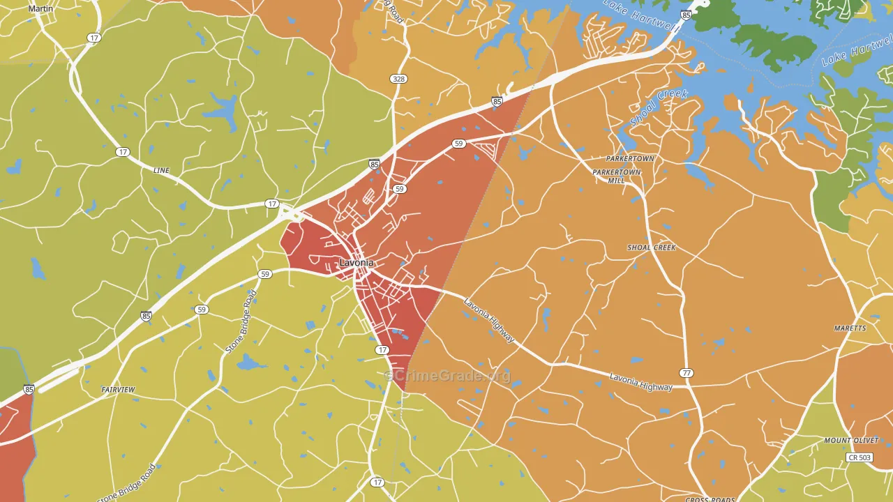 Lavonia, GA Map of Burglary Rates