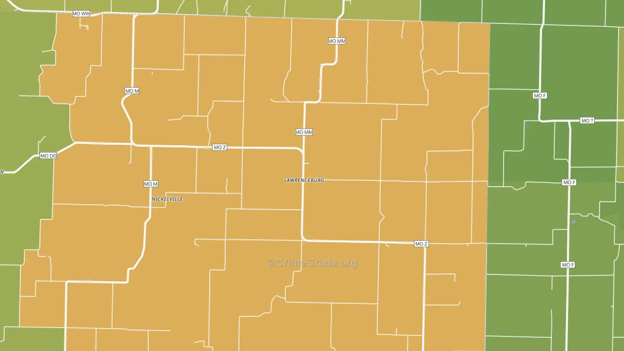 Lawrenceburg, MO Map of Burglary Rates
