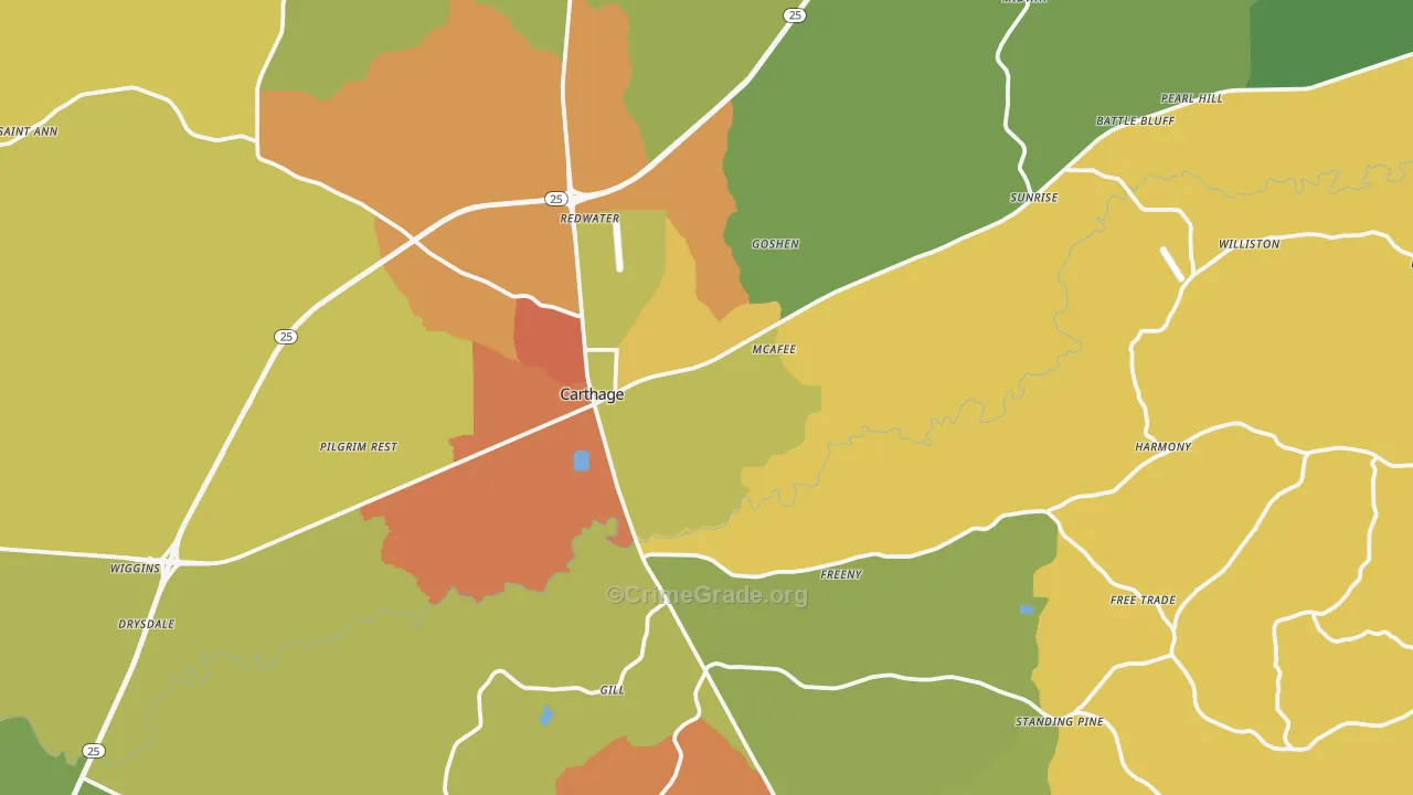 Leake County, MS Map of Burglary Rates