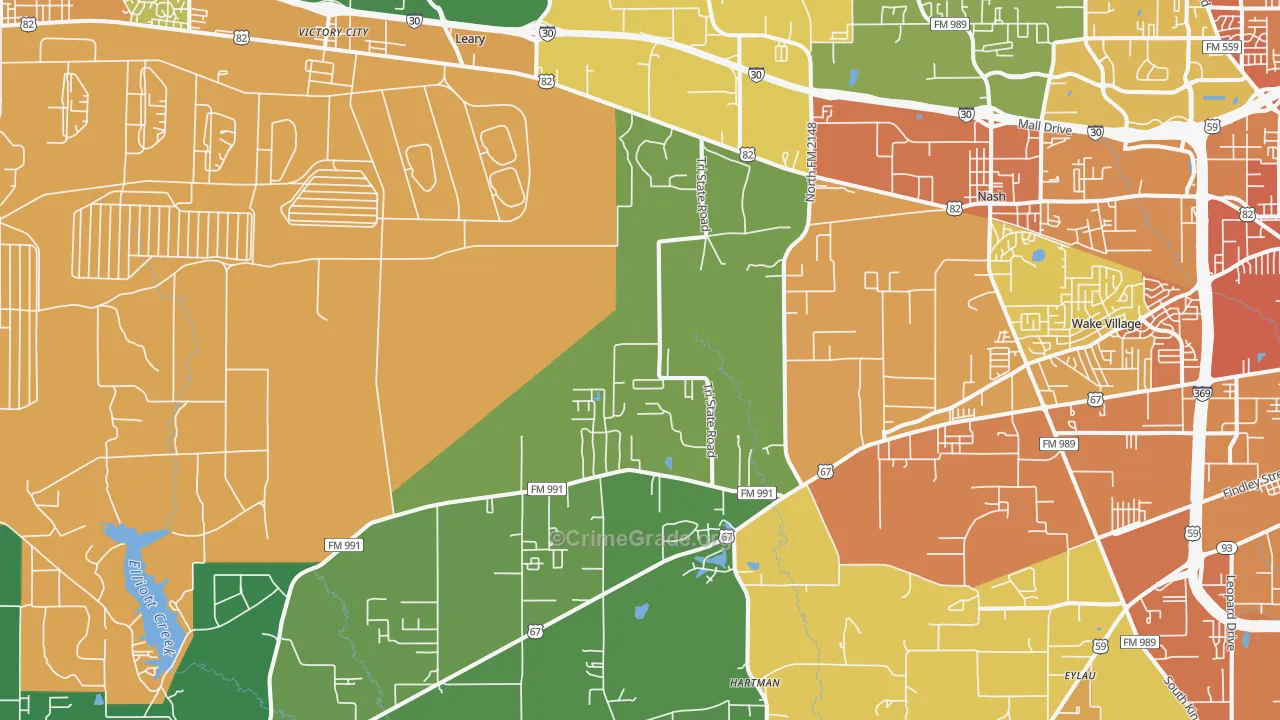 Leary, TX Map of Burglary Rates