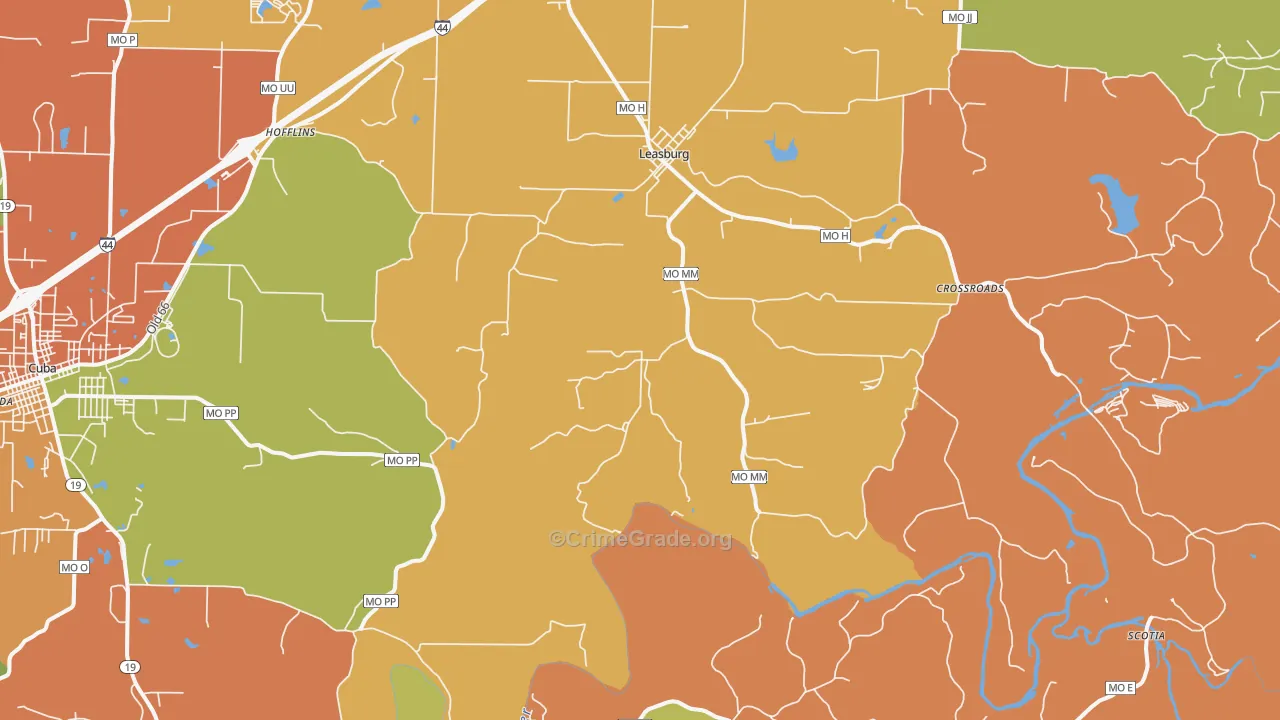Leasburg, MO Map of Burglary Rates