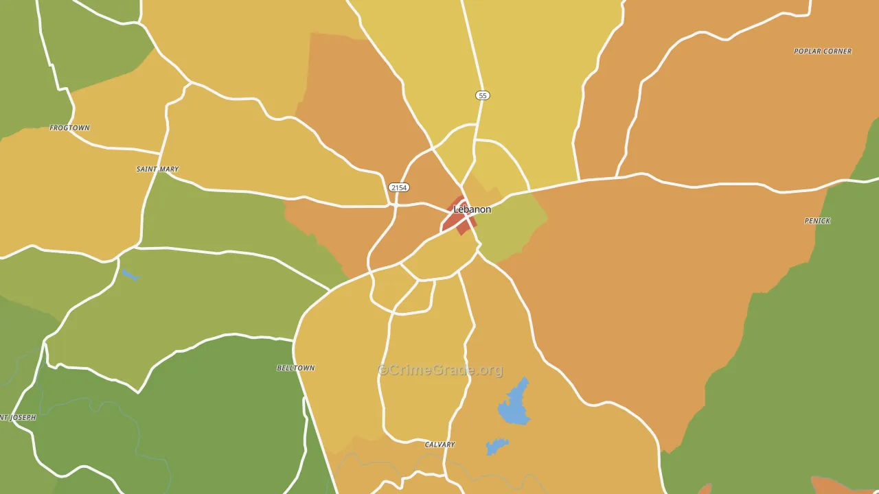 Lebanon, KY Map of Burglary Rates