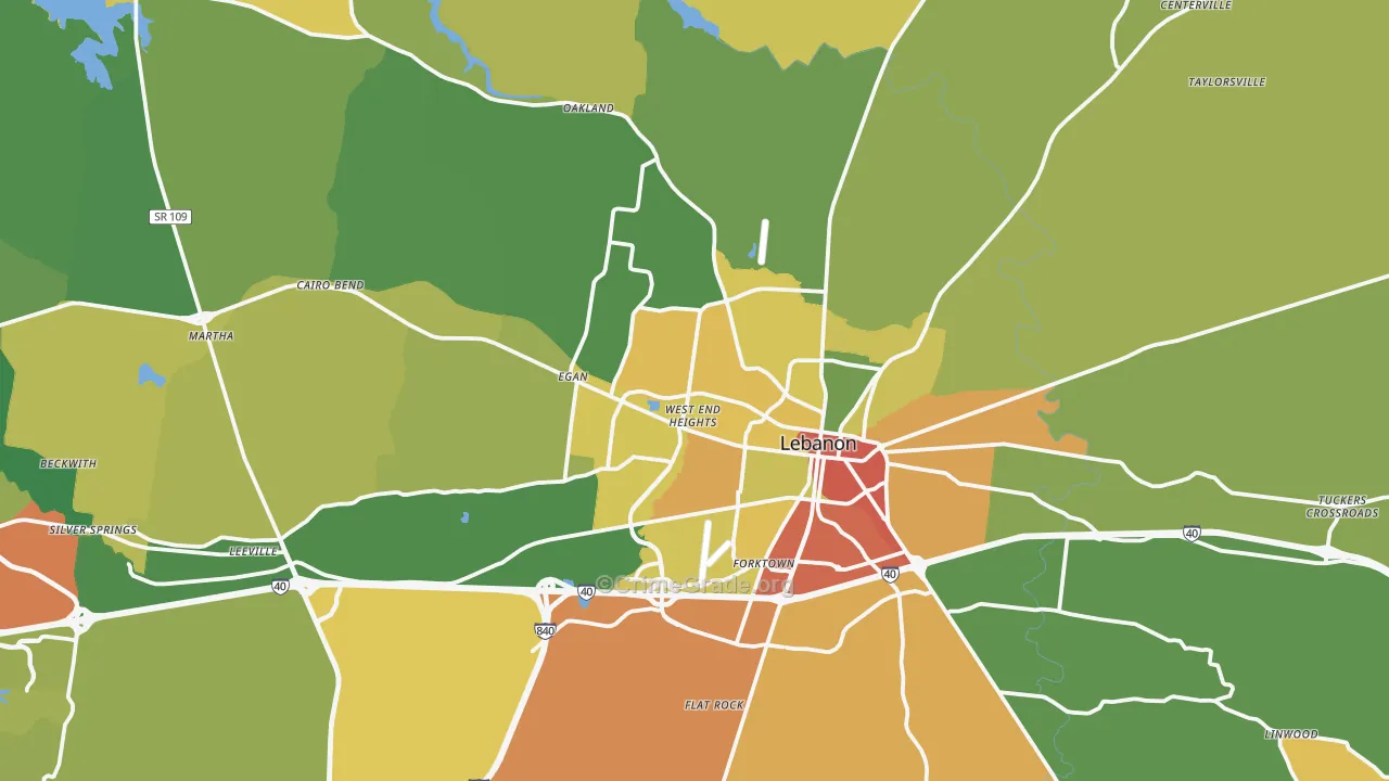 Lebanon, TN Map of Burglary Rates