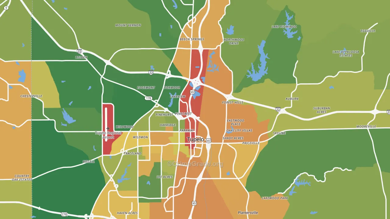 Lee County, MS Map of Burglary Rates