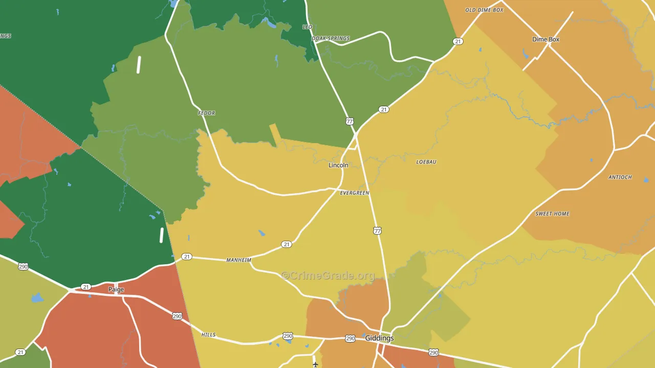 Lee County, TX Map of Burglary Rates