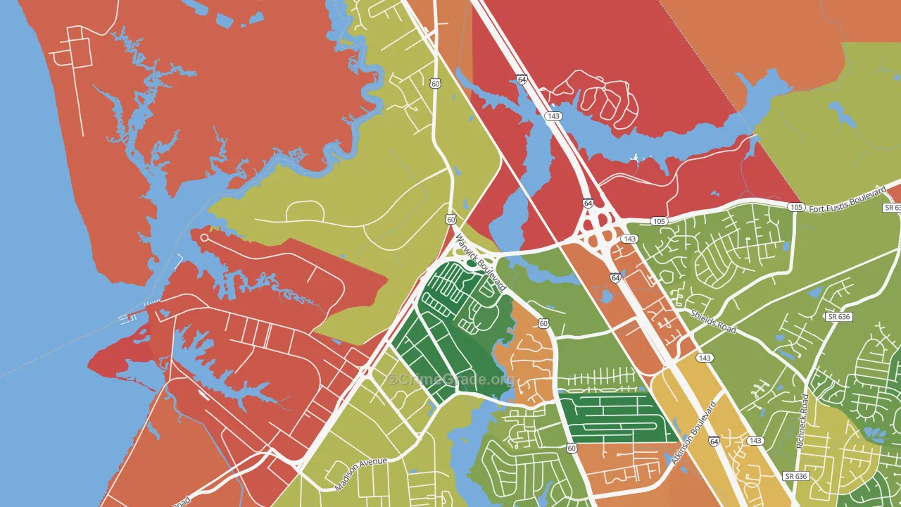 Lee Hall, Newport News, VA Map of Burglary Rates
