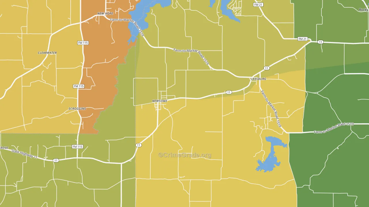 Leesburg, TX Map of Burglary Rates