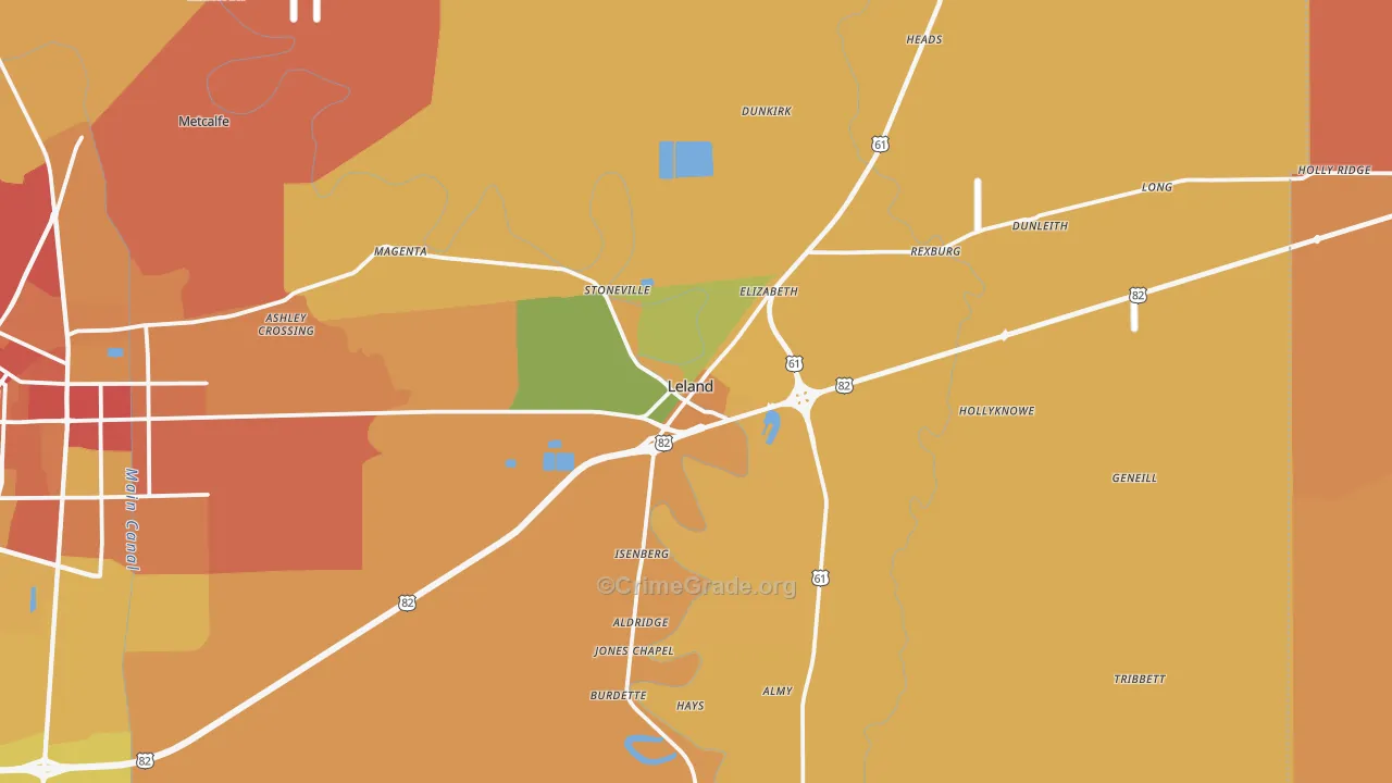 Leland, MS Map of Burglary Rates