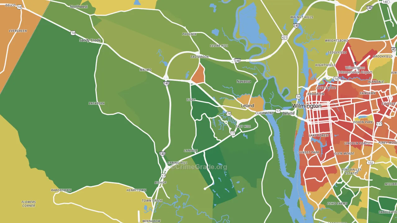 Leland, NC Map of Burglary Rates