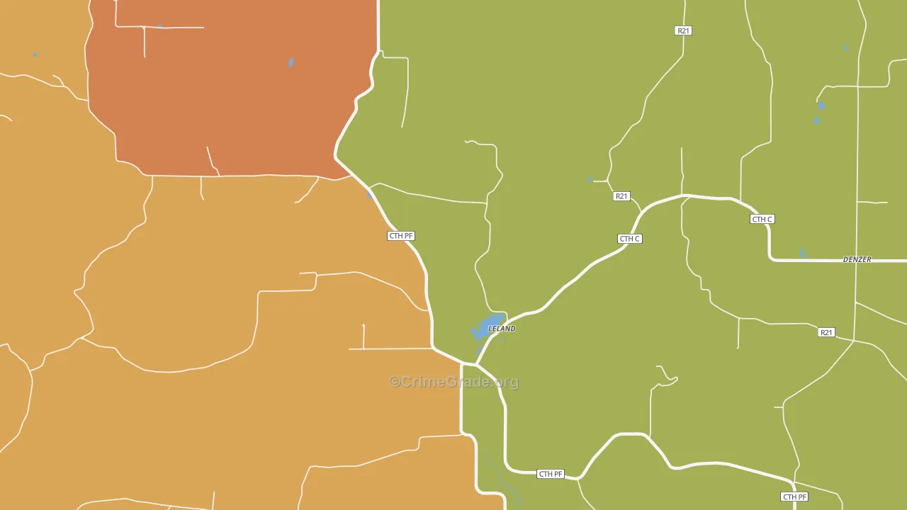 Leland, WI Map of Burglary Rates
