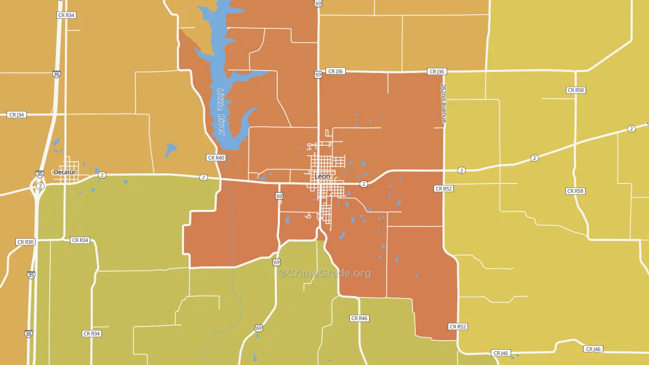 Leon, IA Map of Burglary Rates