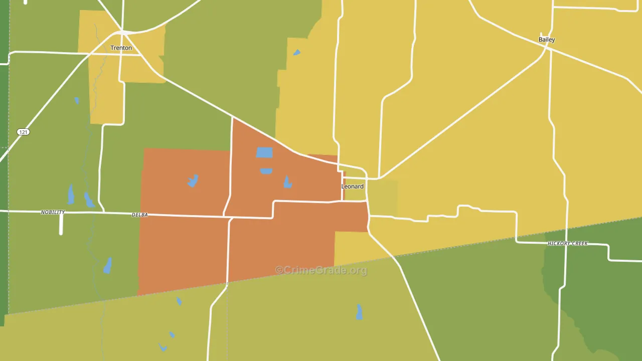 Leonard, TX Map of Burglary Rates