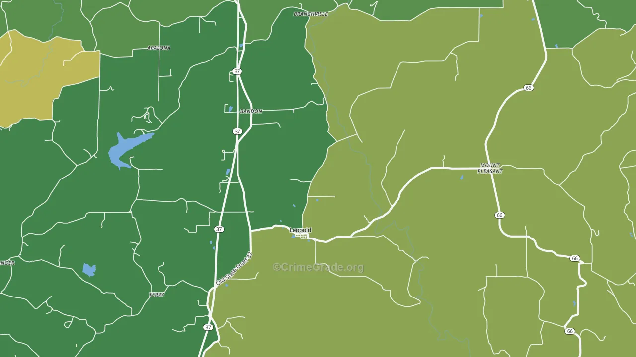 Leopold, IN Map of Burglary Rates
