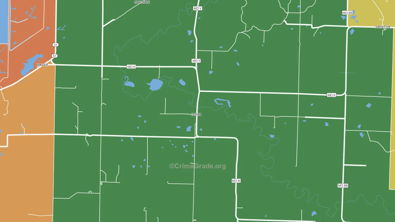 Leora, MO Map of Burglary Rates