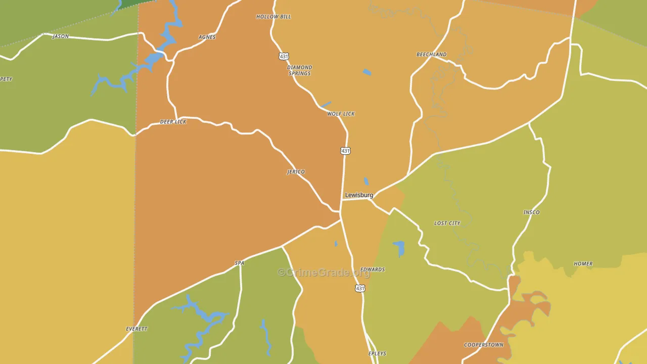 Lewisburg, KY Map of Burglary Rates