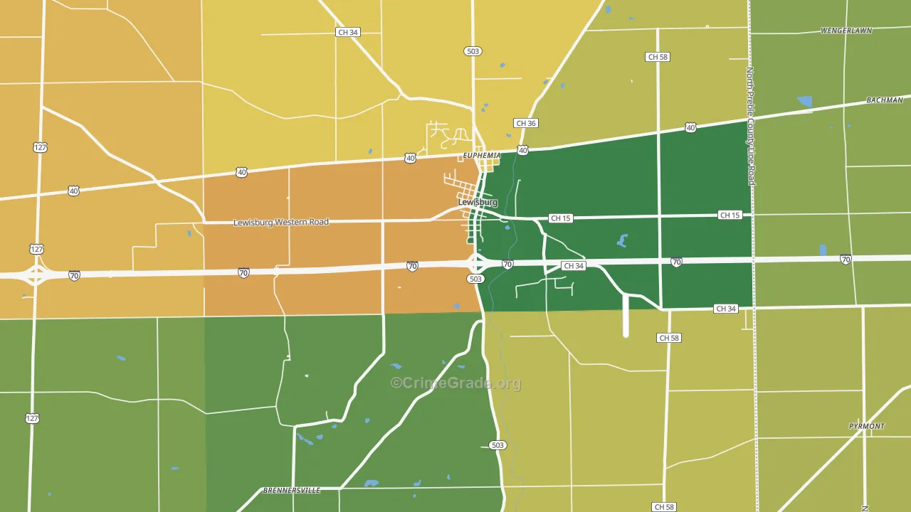 Lewisburg, OH Map of Burglary Rates