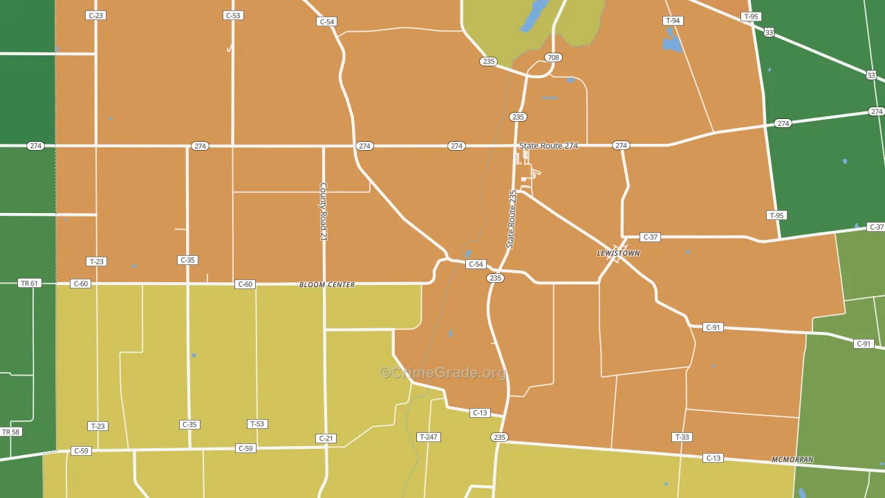 Lewistown, OH Map of Burglary Rates