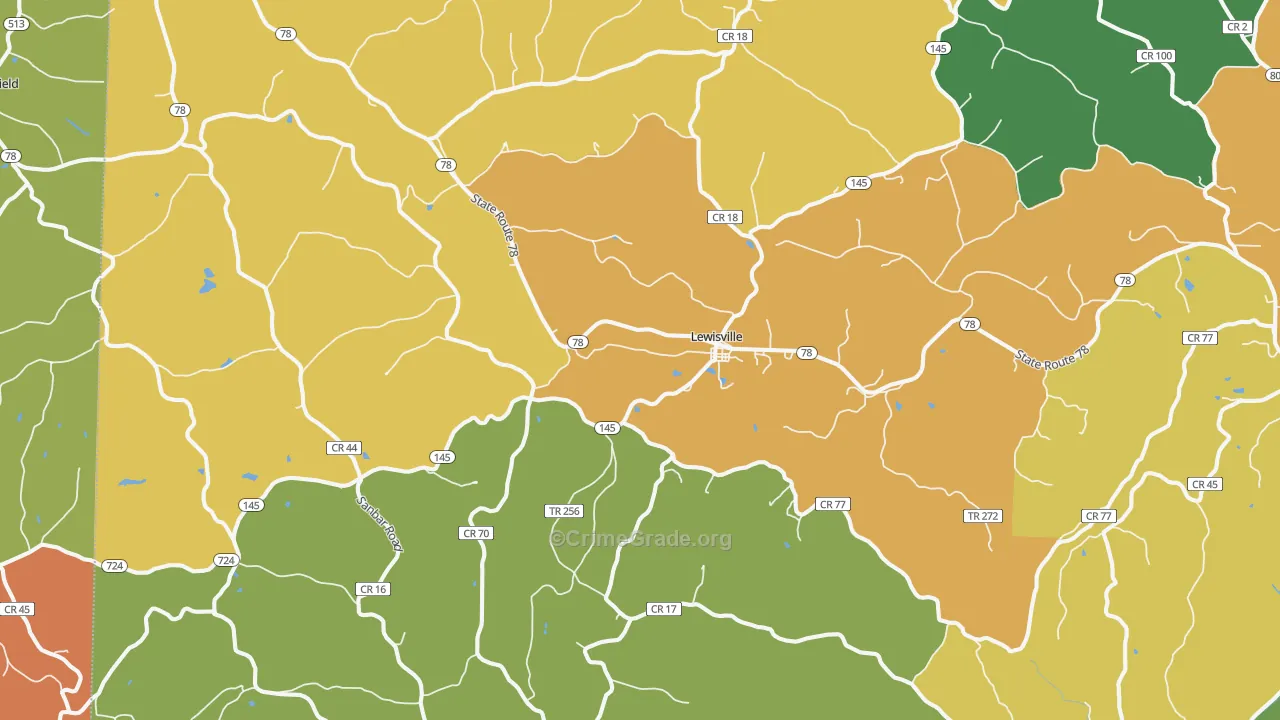 Lewisville, OH Map of Burglary Rates