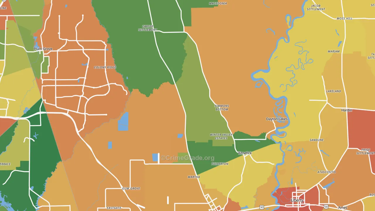 Liberty County, TX Map of Burglary Rates