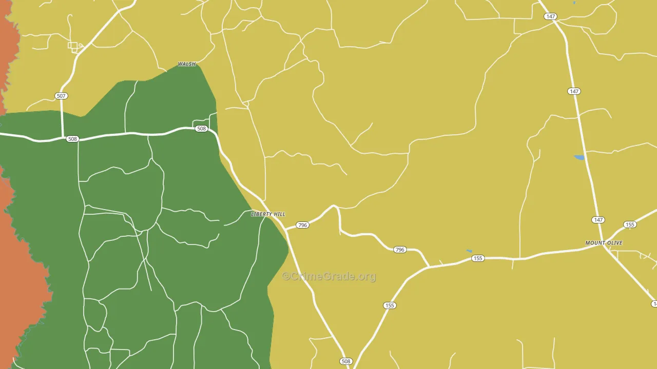 Liberty Hill, LA Map of Burglary Rates
