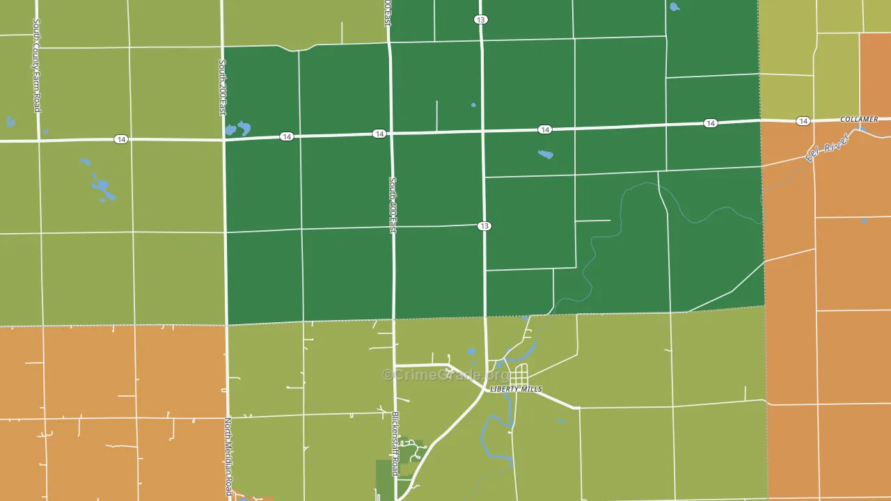 Liberty Mills, IN Map of Burglary Rates