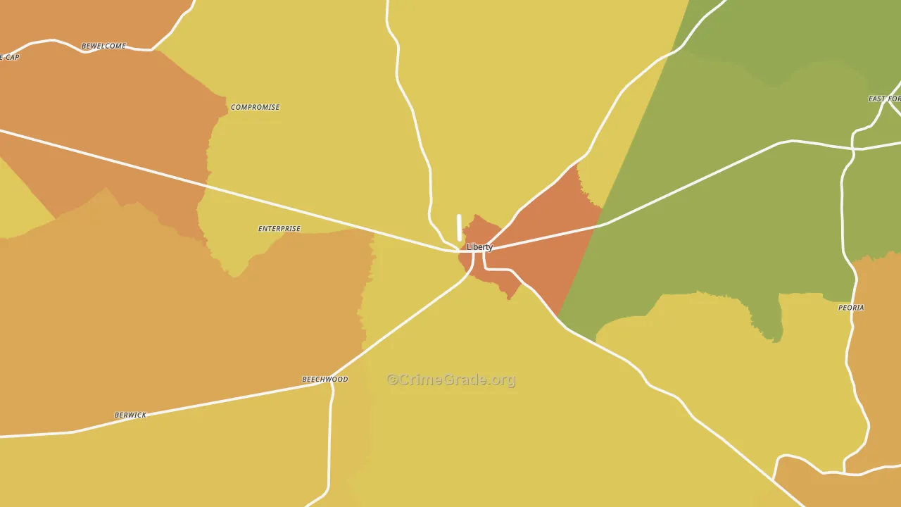 Liberty, MS Map of Burglary Rates