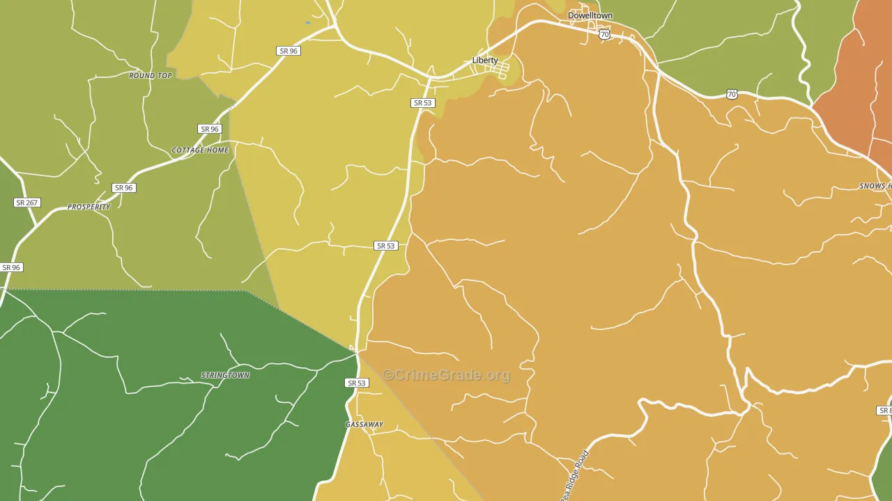 Liberty, TN Map of Burglary Rates