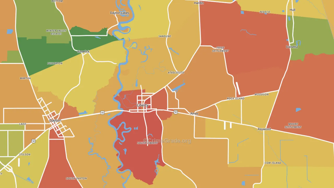 Liberty, TX Map of Burglary Rates